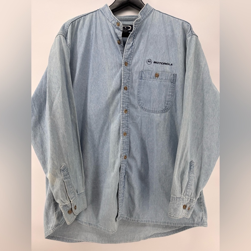 Vintage Y2K Motorola Shirt Mens XL Blue Denim Button Up Geek Employee